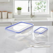 Detailed view of the lunch box parts, including the lid, base, and secure locking clips.