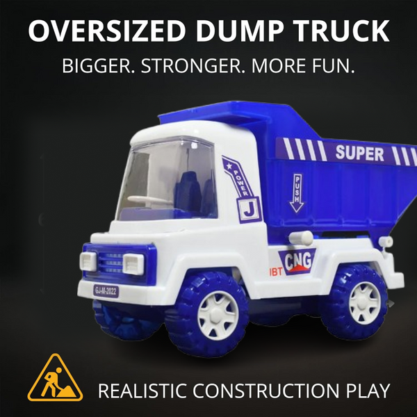 Graphic highlighting the friction power feature of the dumper truck toy.
