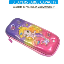 A mermaid-themed hard shell pencil case with text indicating it has 3 layers and large capacity for pencils and a ruler.