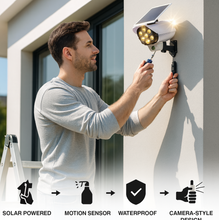 Illustration of solar security camera light with motion sensor features.