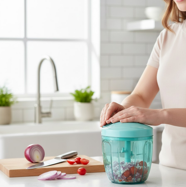 Top view of the manual 5-blade food processor with pull handle.