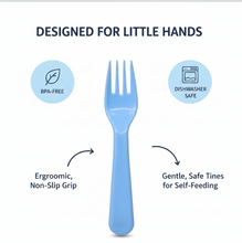 The set of five reusable plastic forks displayed against a neutral background for clear product visibility.