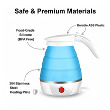 A blue and white foldable electric kettle with labels pointing to its food-grade silicone, durable ABS plastic, and