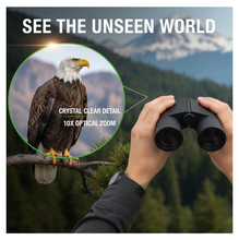Child's hand holding a pair of Learning Toy Binoculars outdoors, ready for adventure.