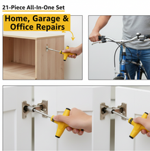 Three split images showing the T-shape ratchet being used for home repairs, with text overlay.