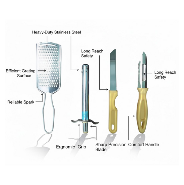 4In1 Combo - Stainless Steel Kitchen Lighter, Knife, Peeler and Smooth Grater (Multicolor)