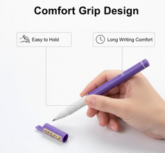 A hand holds a purple gel pen with its cap off, showing the fine tip, with text about comfort grip.