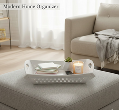 Angled view of the foldable serving tray with dimensions, demonstrating its practical size.