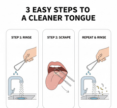 Infographic detailing the proper cleaning technique with a MintGuard tongue scraper.