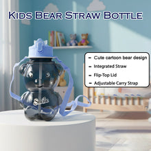 Front view of cartoon bear shaped kids water bottle with straw and strap
