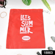 A red drawstring bag with 