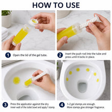 A four-panel graphic illustrating how to open, assemble, apply, and use the toilet gel stamps.