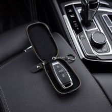 Close-up of zipper and clip on the smart remote key holder.
