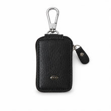 Elegant black PU leather car key case on white background.