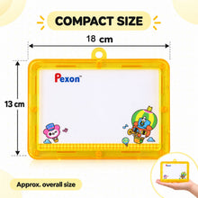 A yellow-framed Pexon writing board displaying its dimensions: 18 cm width and 13 cm height. A small inset shows it held in