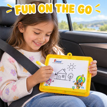 A smiling young girl in a car seat draws a house on a yellow-framed Pexon writing board with a white marker. The background