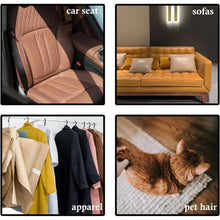 A four-panel grid shows a car seat, a yellow sofa, hanging apparel, and a hand petting a cat, illustrating lint roller uses.