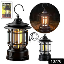 A black retro LED camping lantern, its packaging, a USB charging cable, and a smaller version of the lantern are displayed.