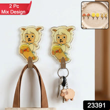 Two cartoon sheep on skateboards, acting as wall hooks, with a bag and keys hanging from them, and a '2 Pc Mix Design' label.