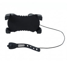 A black bicycle phone holder and a separate horn with a strap are displayed on a white background.