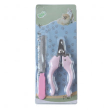 Pink pet nail clipper and filer set in blister packaging on a plain white background.