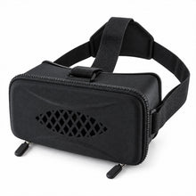 A black virtual reality headset with adjustable straps and a diamond-patterned front on a white background.