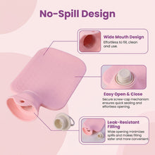 Hot water therapy bag wide mouth and secure screw cap features
