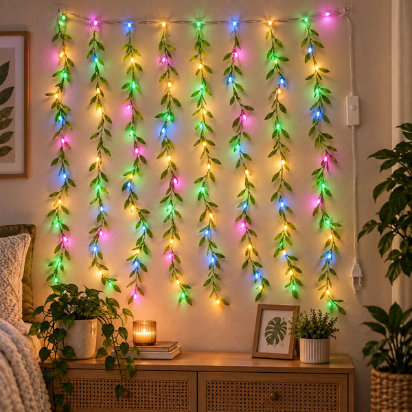 Decorative leaf LED curtain light string