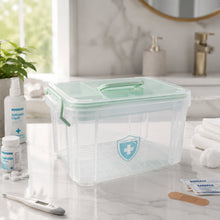 Closed transparent plastic first aid kit storage box