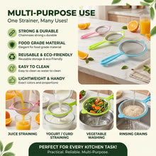An infographic displays various uses for the colorful strainers, including juice, yogurt, vegetable, and grain rinsing.