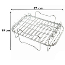 A metal air fryer rack with dimensions of 21 cm width and 15 cm height indicated by arrows on a white background.