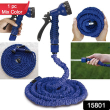 A blue expandable garden hose with a spray gun, with a red label indicating 