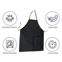 A black apron with green ties on a white background, surrounded by four circular icons highlighting features.