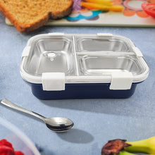 Premium 3-compartment stainless steel insulated lunch box with transparent lids.