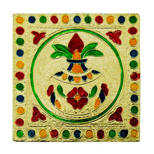 Artistic wooden bajot with a vibrant hand-painted surface, showcasing traditional Indian art.