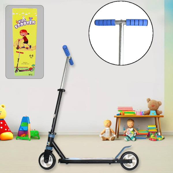 Side view of a multicolor kids 2-wheel scooter with foldable design.