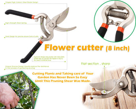 Sharp pruning shears with stainless steel bypass blades.