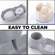 Gravity-fed pet water dispenser and food bowl combo, showing dual functionality.
