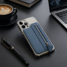 Multi-color adhesive phone card holders displayed with zipper pockets.
