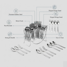Close-up of spoons and forks from stainless steel cutlery set with mirror finish
