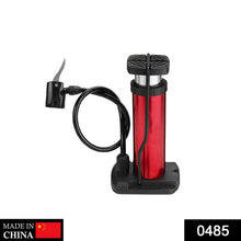 Red mini foot pump with a black hose and nozzle on a white background, with a 