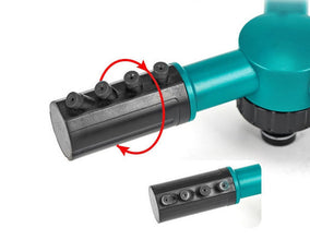 A close-up of the black sprinkler arm with red arrows indicating its rotational adjustment.