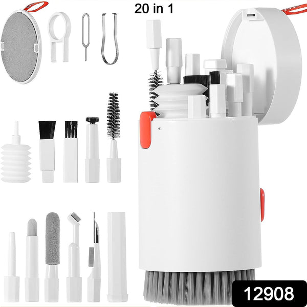 White 20-in-1 multi-tool cleaning kit with many attachments laid out and stored inside the main unit.