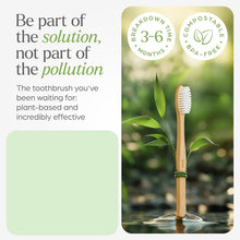 A bamboo toothbrush with white bristles stands in water with green leaves, next to text about being part of the solution.