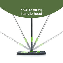 Multi-color microfiber flat mop with an extended telescopic handle, ready for versatile floor cleaning.