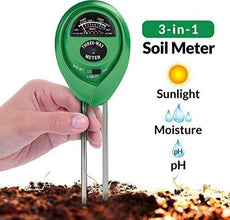Packaging of the 3-way soil meter, highlighting its moisture, pH, and light testing capabilities.