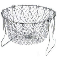 The sturdy stainless steel chef basket folded flat for convenient storage in a drawer.