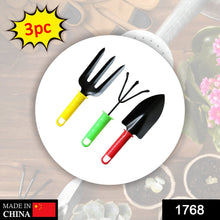 A circular inset shows a yellow fork, green cultivator, and red trowel against a blurred background of gardening items.