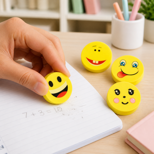 A hand holds a yellow round eraser with a happy face over a notebook with math problems.
