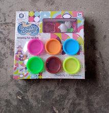 Packaging for the non-toxic play dough creative kit, featuring 5 colours and 50 moulds.